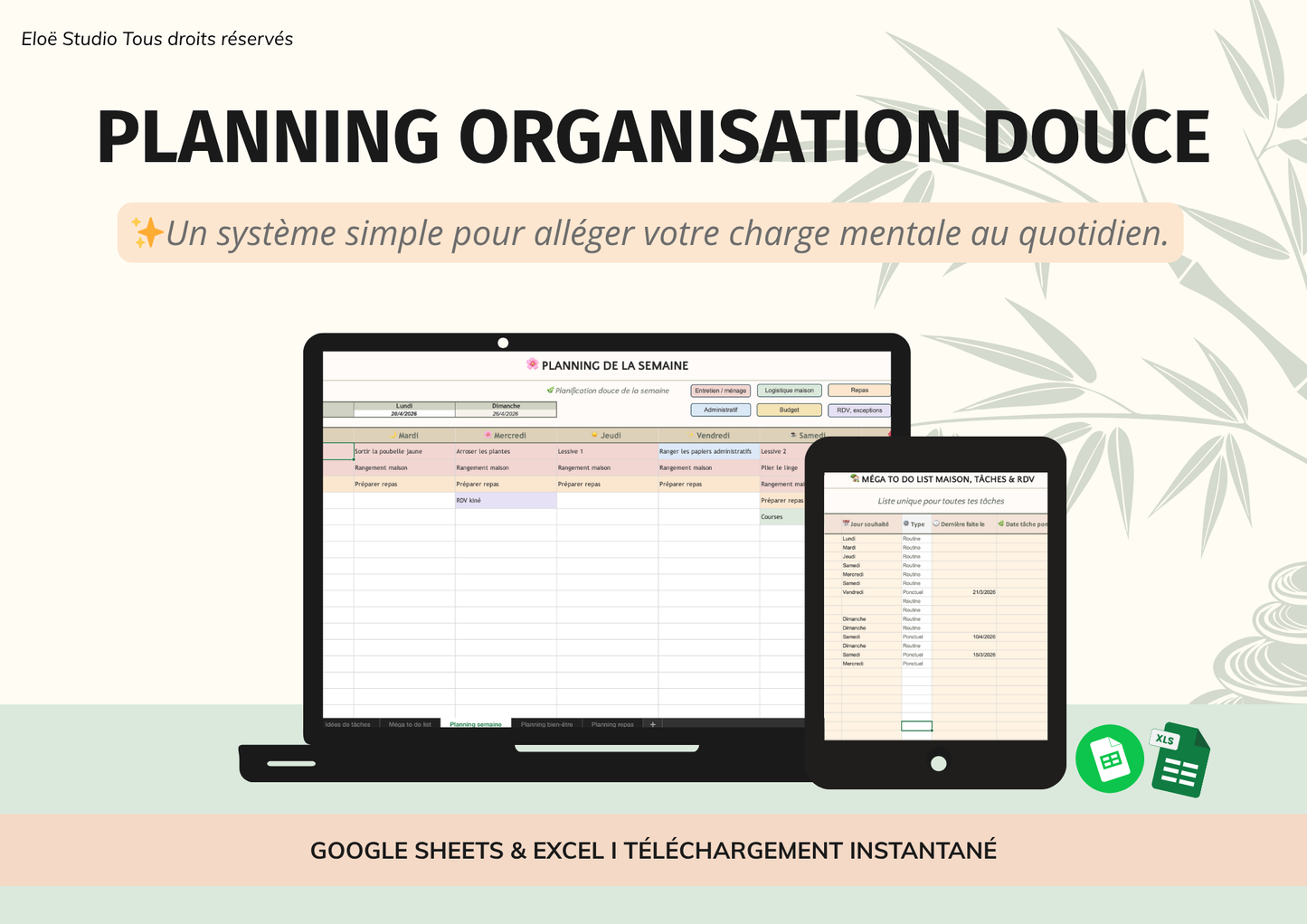 Planning Maison — Organisation Douce (Excel + Google Sheets)