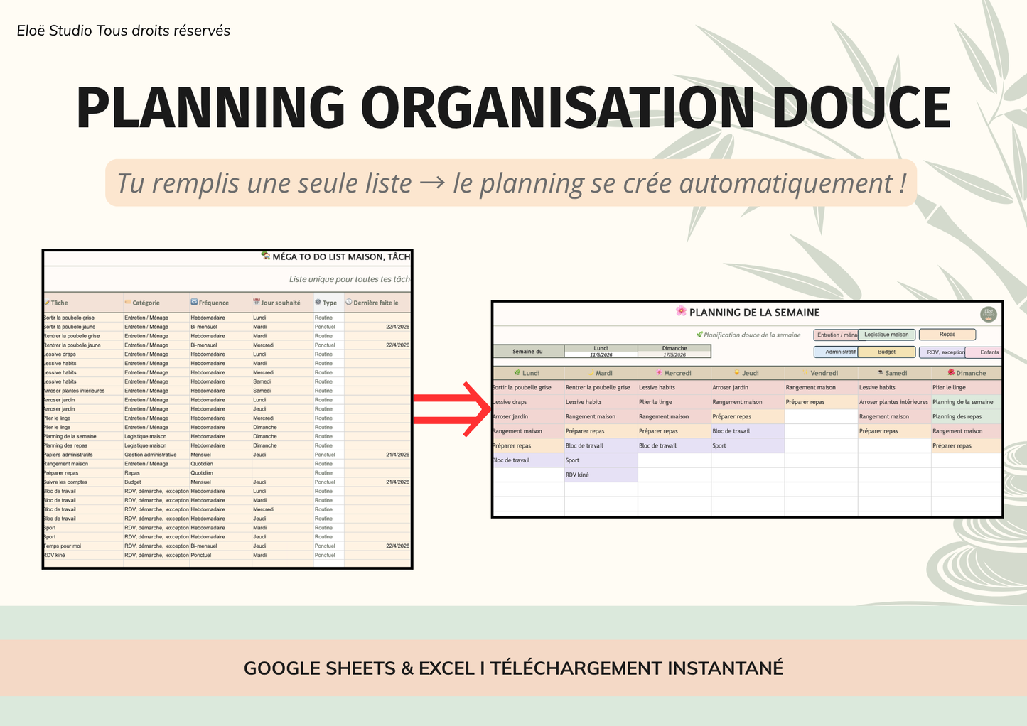 Planning Maison — Organisation Douce (Excel + Google Sheets)
